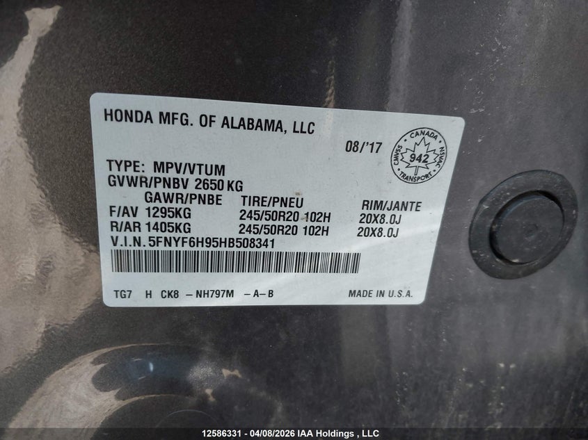 2017 Honda Pilot Touring VIN: 5FNYF6H95HB508341 Lot: 12586331