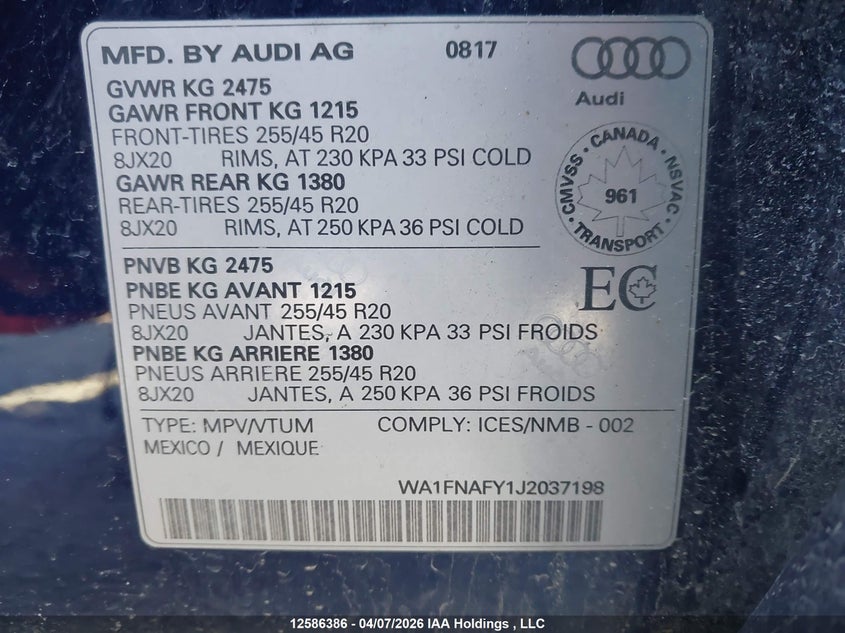 2018 Audi Q5 Technik S-Line VIN: WA1FNAFY1J2037198 Lot: 12586386