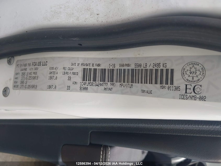 2016 Jeep Cherokee Limited VIN: 1C4PJMDB1GW244777 Lot: 12586394