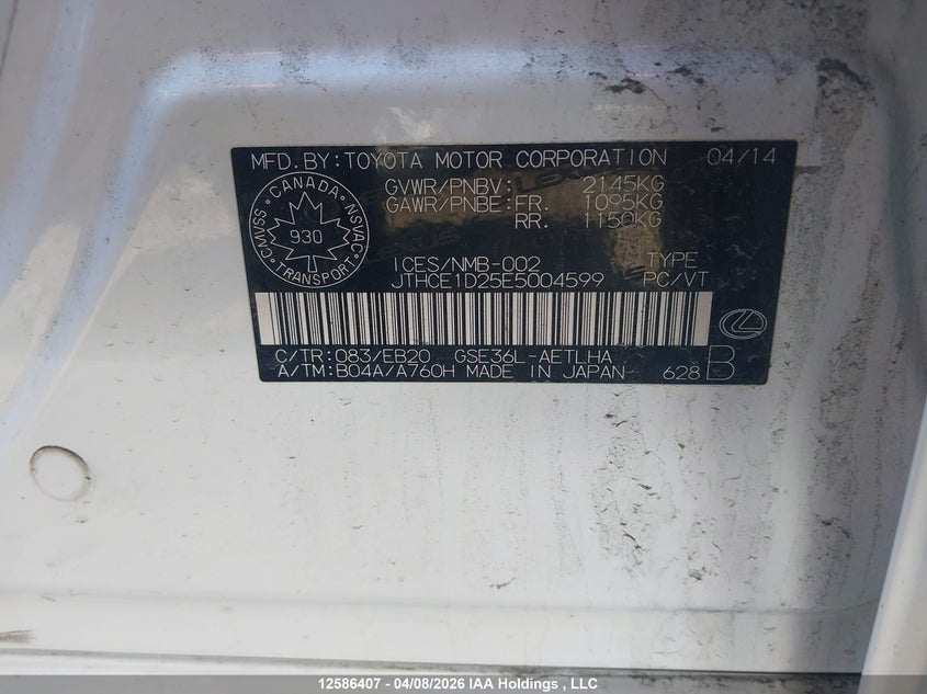 2014 Lexus Is 350 VIN: JTHCE1D25E5004599 Lot: 12586407