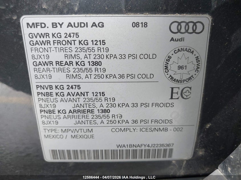 2018 Audi Q5 Premium Plus VIN: WA1BNAFY4J2235367 Lot: 12586444