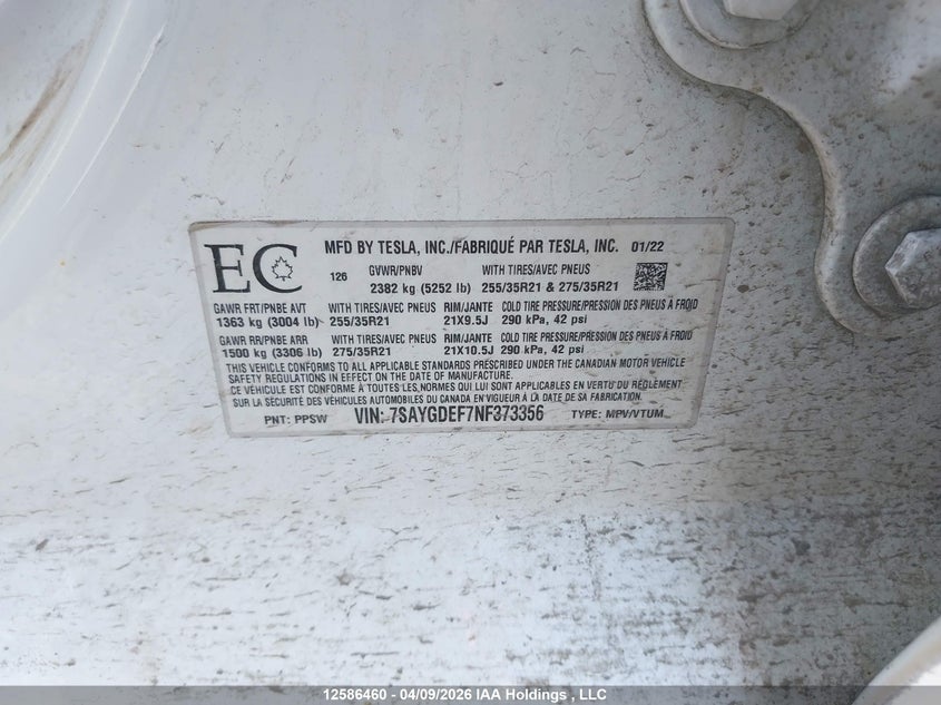 2022 Tesla Model Y Performance VIN: 7SAYGDEF7NF373356 Lot: 12586460