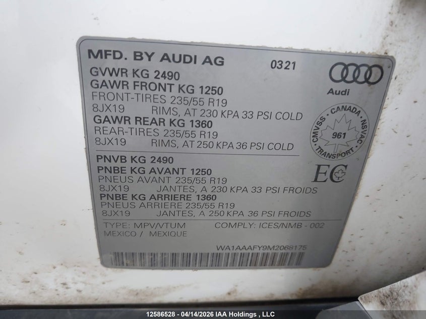 2021 Audi Q5 Premium VIN: WA1AAAFY9M2068175 Lot: 12586528