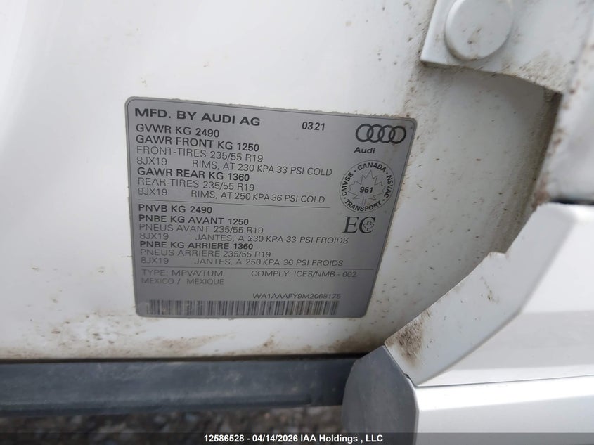2021 Audi Q5 Premium VIN: WA1AAAFY9M2068175 Lot: 12586528