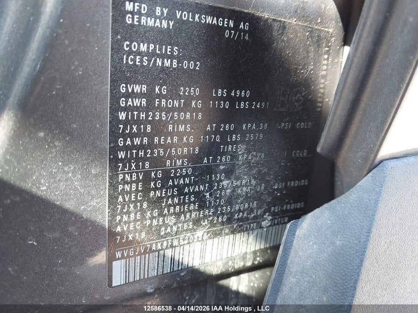 2015 Volkswagen Tiguan Comfortline/Highline/Special Edition/Trendline VIN: WVGJV7AX8FW520958 Lot: 12586538