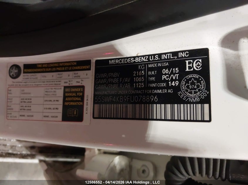 2015 Mercedes-Benz C 300 4Matic VIN: 55SWF4KB9FU078896 Lot: 12586552