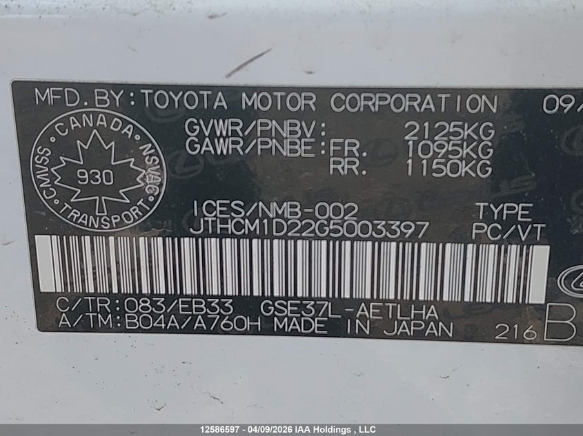 2016 Lexus Is 300 300 VIN: JTHCM1D22G5003397 Lot: 12586597