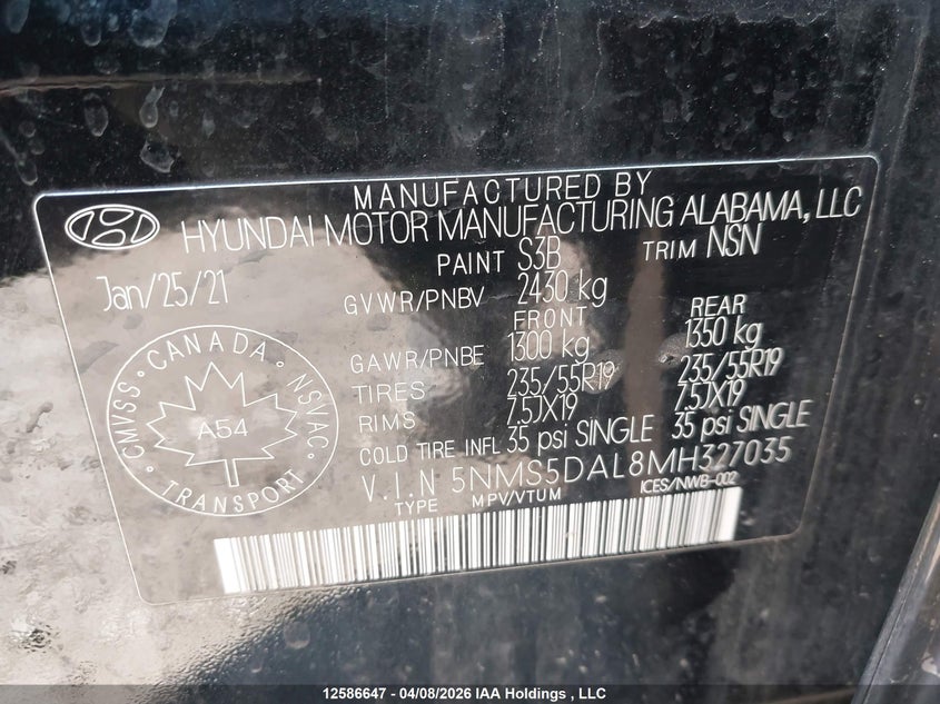 2021 Hyundai Santa Fe VIN: 5NMS5DAL8MH327035 Lot: 12586647