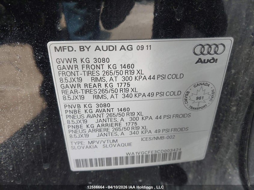 2012 Audi Q7 Prestige VIN: WA1VGCFE3CD003424 Lot: 12586664