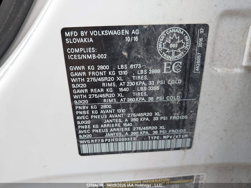 2017 Volkswagen Touareg Wolfsburg VIN: WVGRF7BP3HD003323 Lot: 12586696