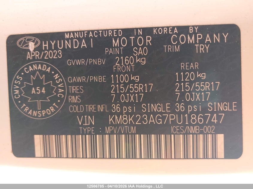 2023 Hyundai Kona Se VIN: KM8K23AG7PU186747 Lot: 12586785