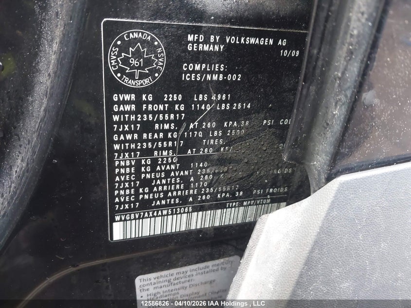 2010 Volkswagen Tiguan 2.0 Tsi Comfortline/2.0 Tsi Highline/2.0 Tsi Trendline VIN: WVGBV7AX4AW513065 Lot: 12586826