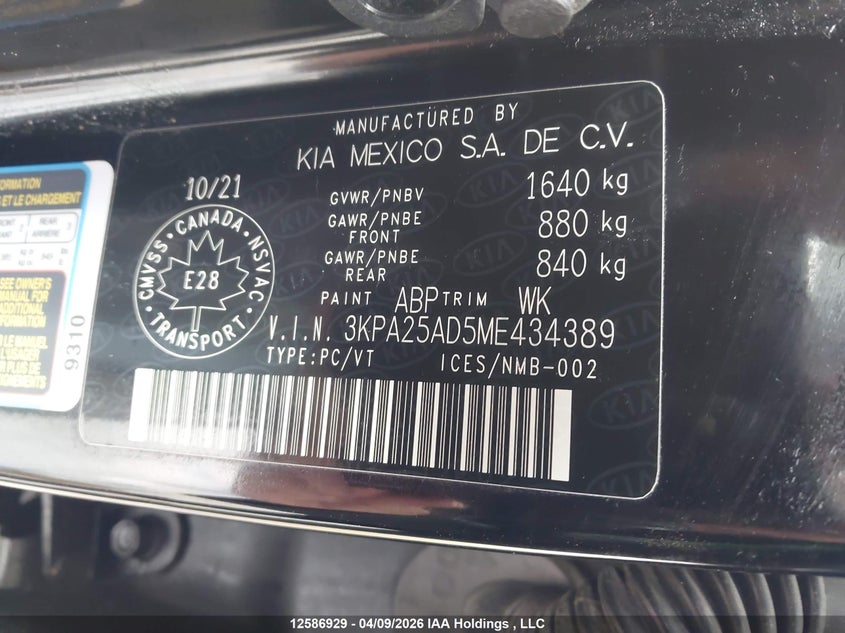 2021 Kia Rio Lx Premium/Lx+ VIN: 3KPA25AD5ME434389 Lot: 12586929