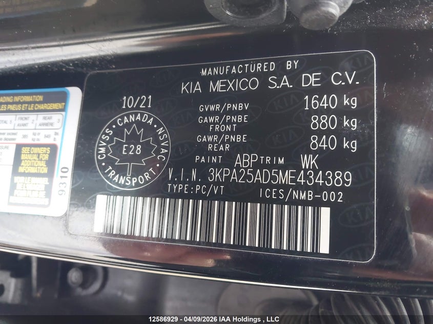 2021 Kia Rio Lx Premium/Lx+ VIN: 3KPA25AD5ME434389 Lot: 12586929