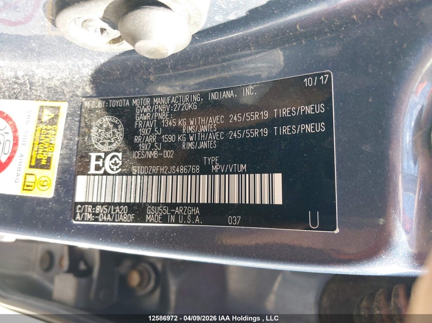 2018 Toyota Highlander Limited VIN: 5TDDZRFH2JS486768 Lot: 12586972