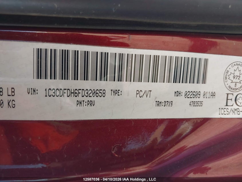 2015 Dodge Dart Aero VIN: 1C3CDFDH6FD320658 Lot: 12587036