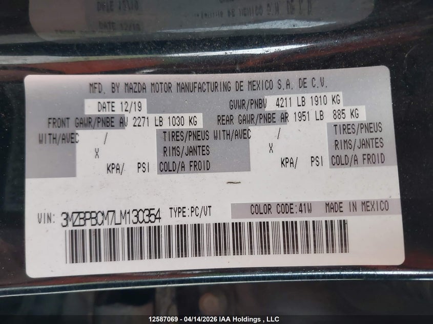 2020 Mazda Mazda3 Gs VIN: 3MZBPBCM7LM130354 Lot: 12587069