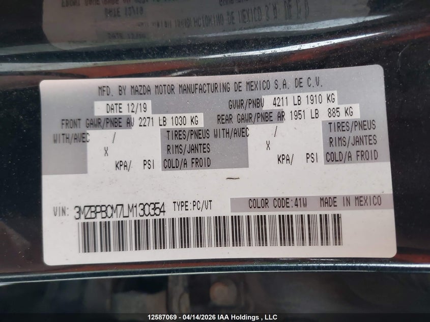 2020 Mazda Mazda3 Gs VIN: 3MZBPBCM7LM130354 Lot: 12587069