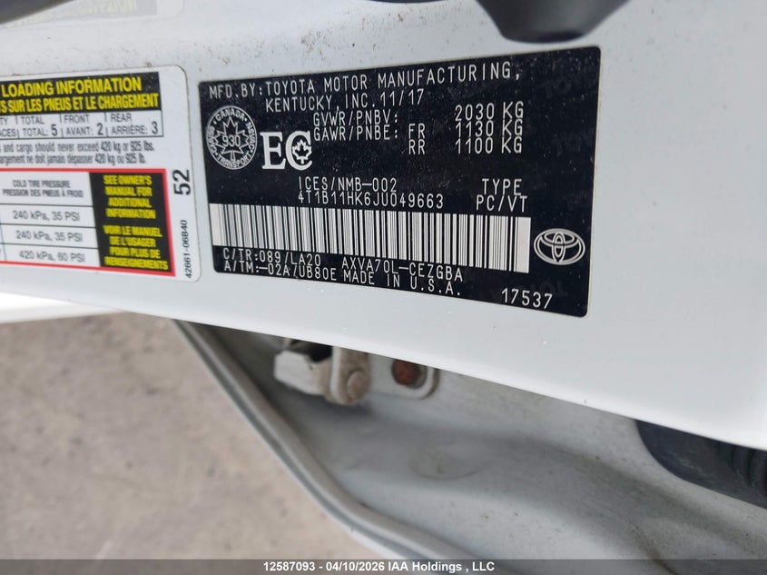 2018 Toyota Camry Xle VIN: 4T1B11HK6JU049663 Lot: 12587093