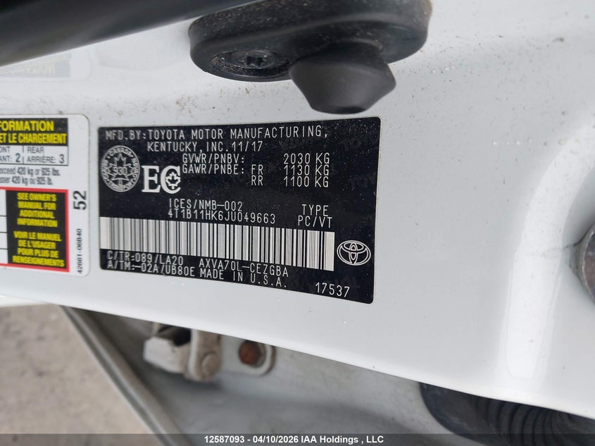 2018 Toyota Camry Xle VIN: 4T1B11HK6JU049663 Lot: 12587093