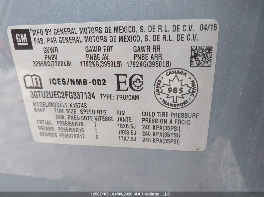 2015 GMC Sierra 1500 Sle VIN: 3GTU2UEC2FG337134 Lot: 12587105