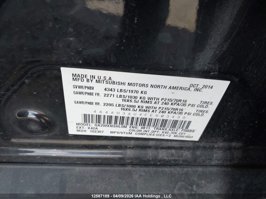 2015 Mitsubishi Rvr Se/Es VIN: 4A4AH3AU4FE603439 Lot: 12587189