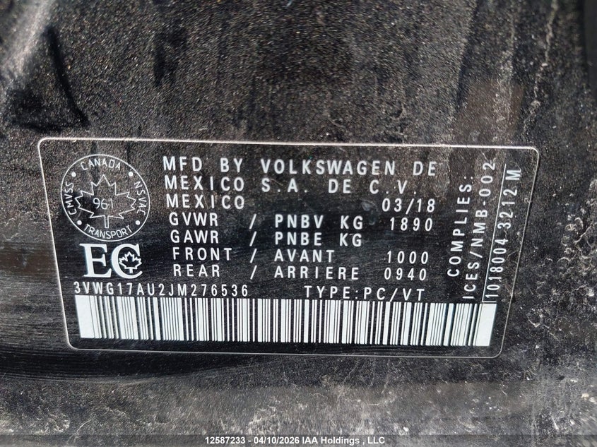 2018 Volkswagen Golf S/Se VIN: 3VWG17AU2JM276536 Lot: 12587233