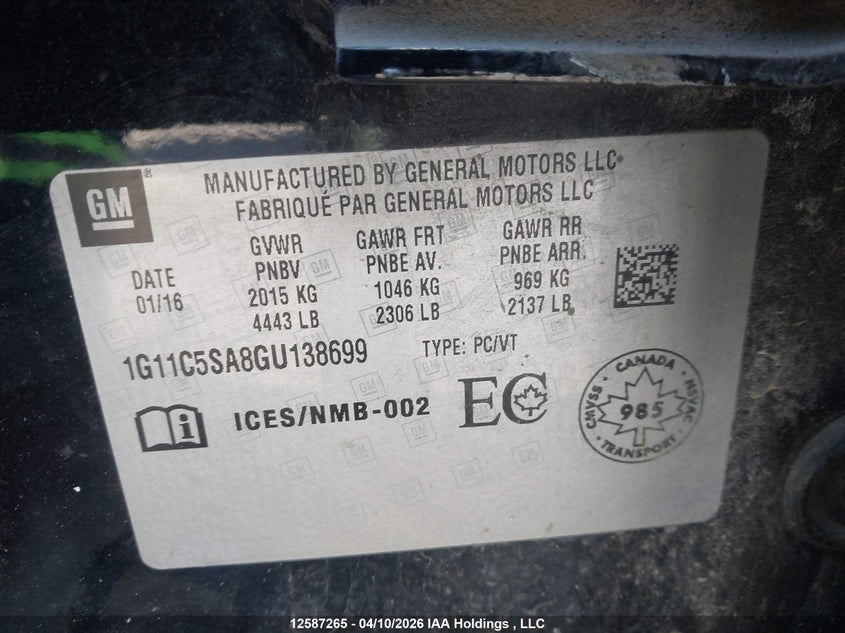 2016 Chevrolet Malibu Limited Lt VIN: 1G11C5SA8GU138699 Lot: 12587265