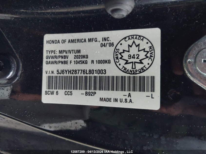 2006 Honda Element Ex VIN: 5J6YH28776L801003 Lot: 12587289