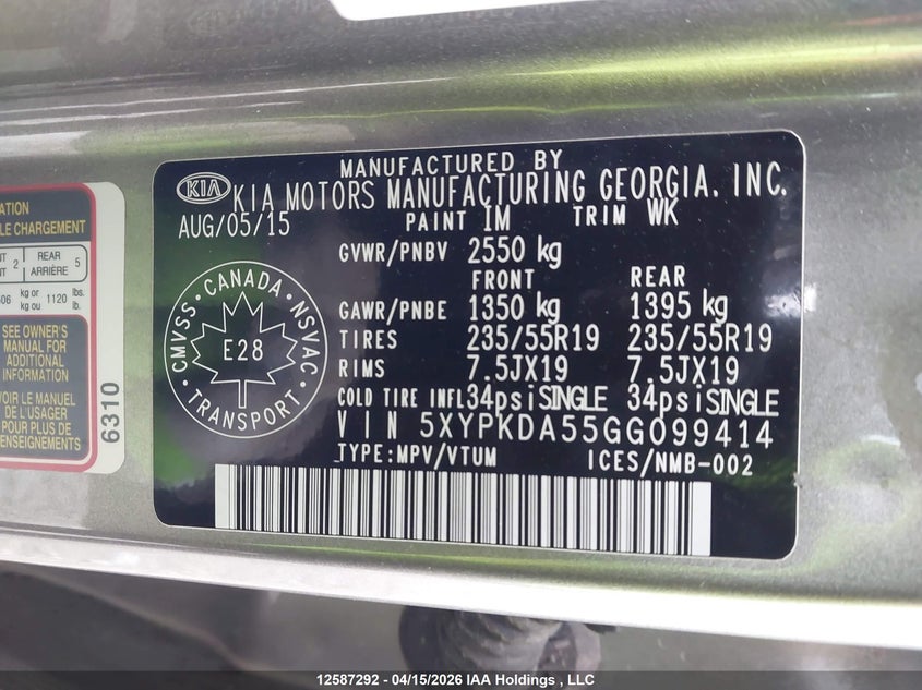 2016 Kia Sorento 3.3L Sx/3.3L Sx+ VIN: 5XYPKDA55GG099414 Lot: 12587292