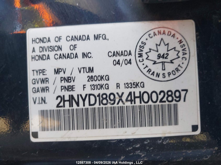 2004 Acura Mdx Touring VIN: 2HNYD189X4H002897 Lot: 12587308