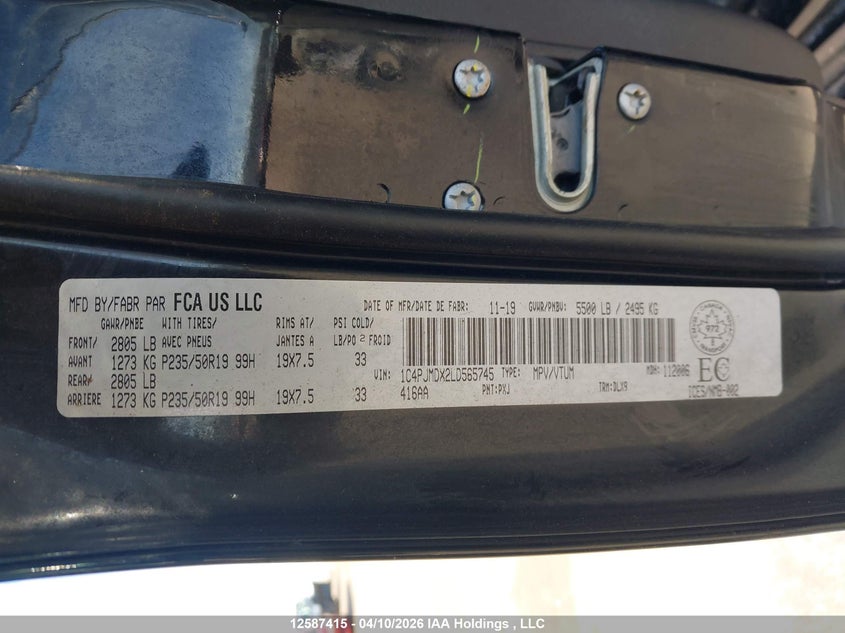 2020 Jeep Cherokee High Altitude VIN: 1C4PJMDX2LD565745 Lot: 12587415