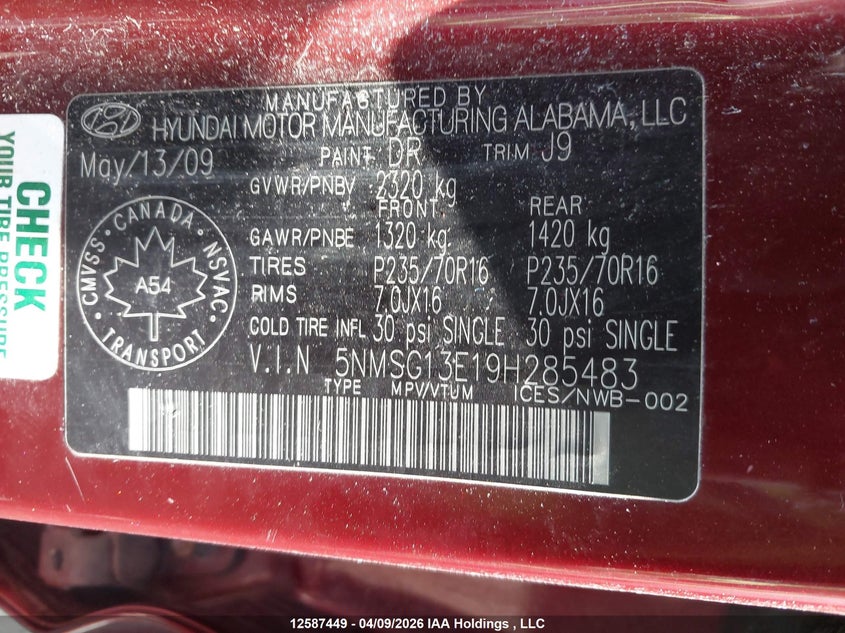 2009 Hyundai Santa Fe VIN: 5NMSG13E19H285483 Lot: 12587449