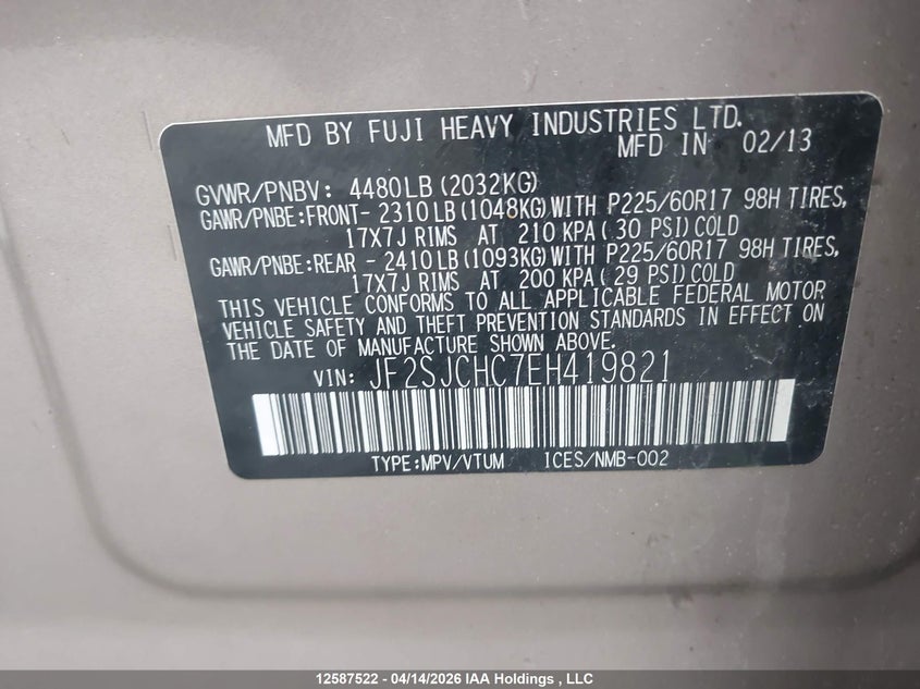 2014 Subaru Forester 2.5I Limited VIN: JF2SJCHC7EH419821 Lot: 12587522