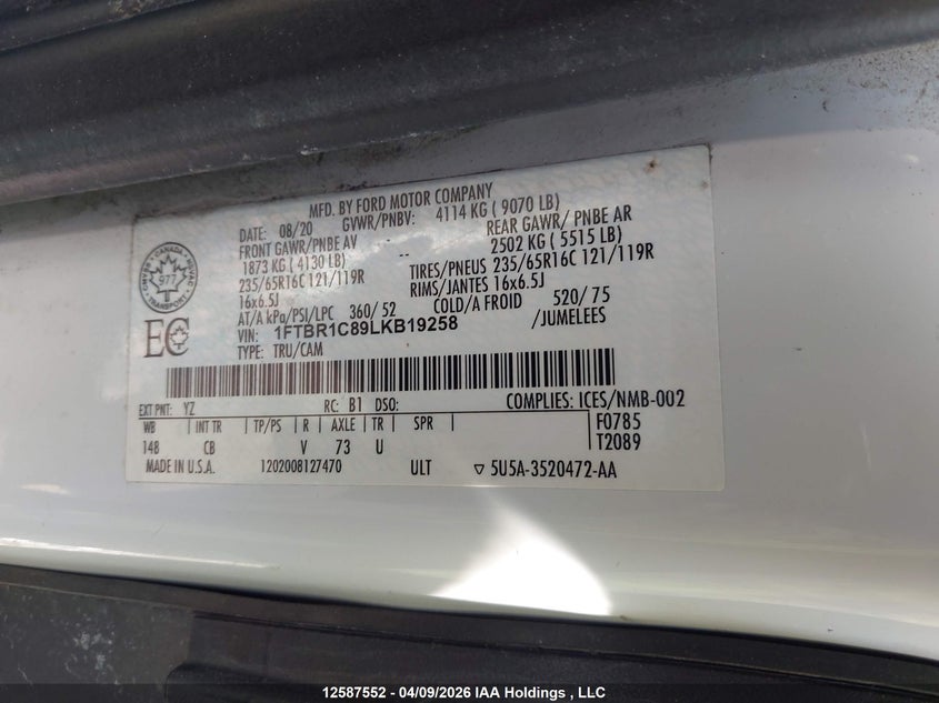 2020 Ford Transit T-250 VIN: 1FTBR1C89LKB19258 Lot: 12587552