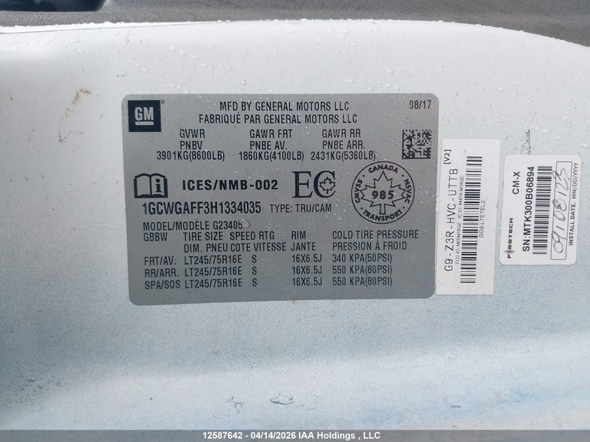 2017 Chevrolet Express G2500 VIN: 1GCWGAFF3H1334035 Lot: 12587642