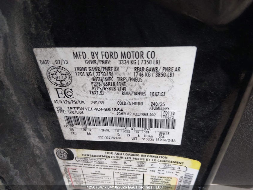 2013 Ford F-150 5.0 Supercrew Black Lot 111012587647 Vin 1FTFW1EF4DFB61854