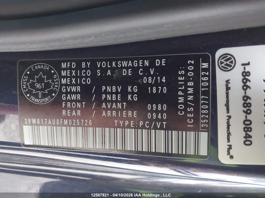 2015 Volkswagen Golf VIN: 3VW817AU8FM025726 Lot: 12587921