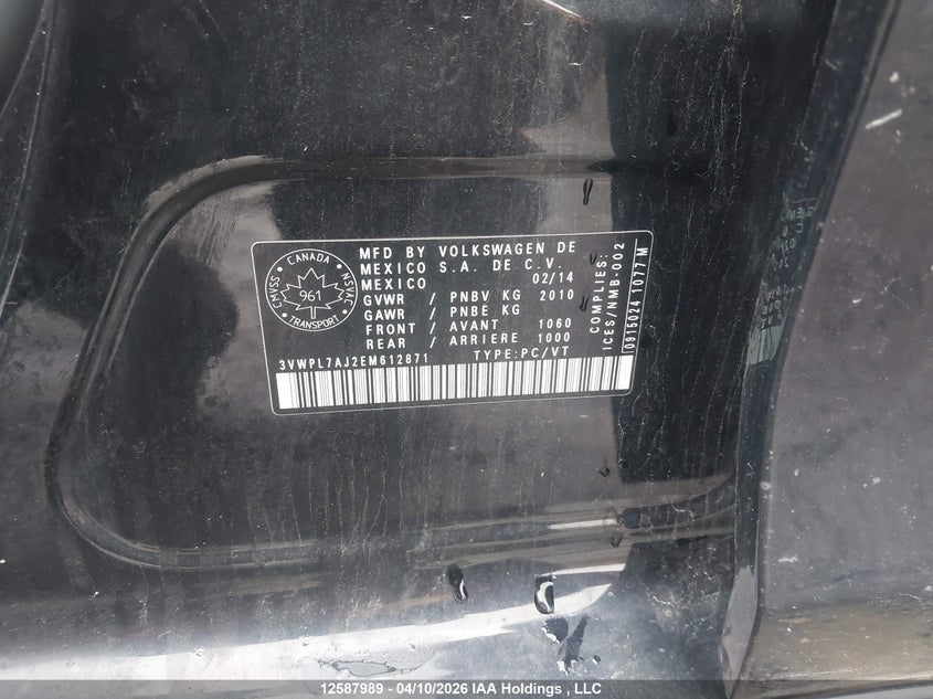 2014 Volkswagen Golf 2.0 Tdi Comfortline/2.0 Tdi Highline/2.0 Tdi Trendline/2.0 Tdi Wolfsburg Edition VIN: 3VWPL7AJ2EM612871 Lot: 12587989