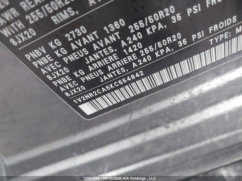 2019 Volkswagen Atlas 3.6 Fsi Execline VIN: 1V2NR2CA5KC554842 Lot: 12587994