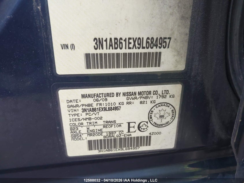 2009 Nissan Sentra 2.0 VIN: 3N1AB61EX9L684957 Lot: 12588032