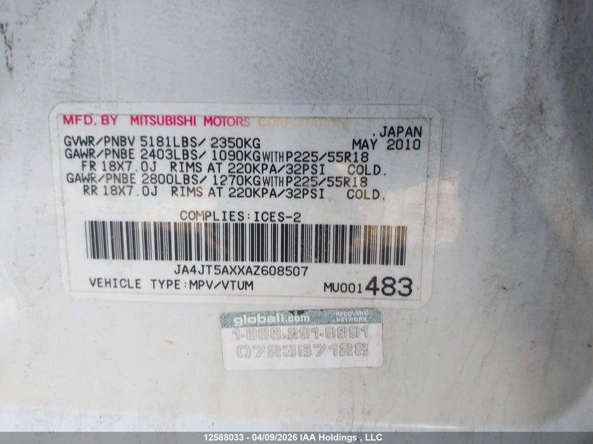 2010 Mitsubishi Outlander Gt VIN: JA4JT5AXXAZ608507 Lot: 12588033