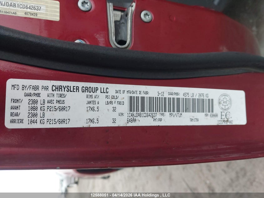 2012 Jeep Compass VIN: 1C4NJDAB1CD642637 Lot: 12588051