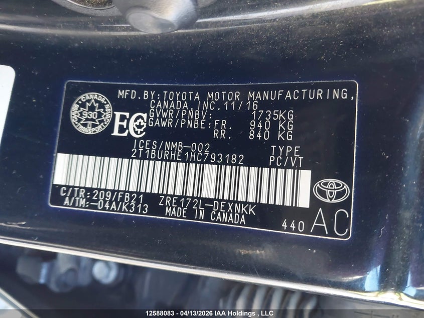 2017 Toyota Corolla Le VIN: 2T1BURHE1HC793182 Lot: 12588083