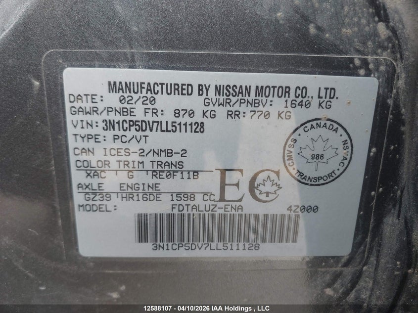 2020 Nissan Kicks Sr VIN: 3N1CP5DV7LL511128 Lot: 12588107