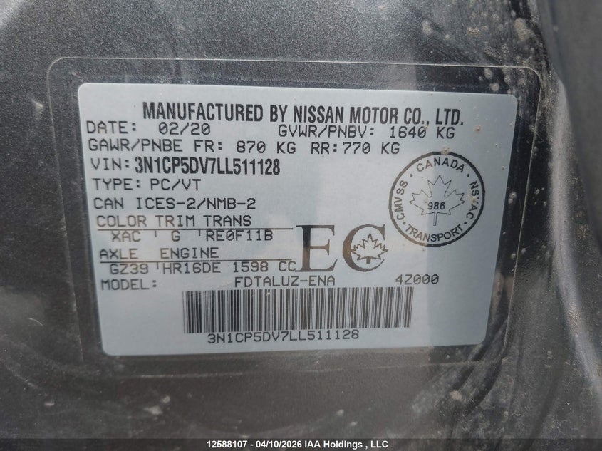 2020 Nissan Kicks Sr VIN: 3N1CP5DV7LL511128 Lot: 12588107