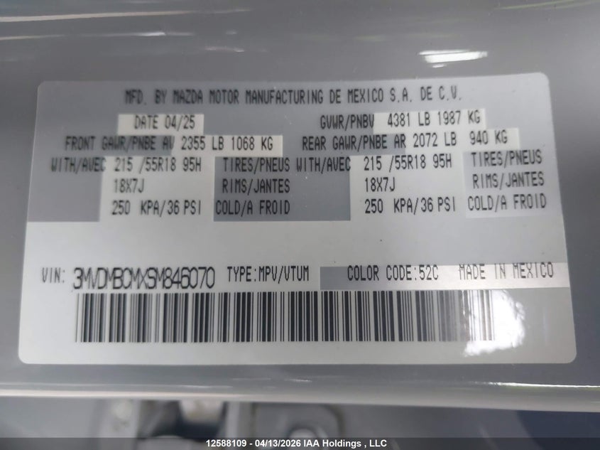 2025 Mazda Cx-30 Gs VIN: 3MVDMBCMXSM846070 Lot: 12588109