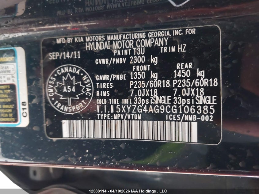 2012 Hyundai Santa Fe Gls VIN: 5XYZG4AG9CG106385 Lot: 12588114