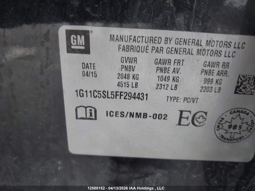 2015 Chevrolet Malibu 1Lt VIN: 1G11C5SL5FF294431 Lot: 12588152