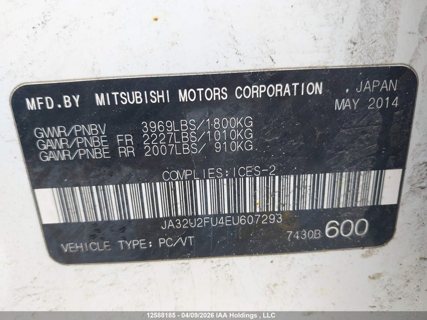 2014 Mitsubishi Lancer Es/Es Sport VIN: JA32U2FU4EU607293 Lot: 12588185
